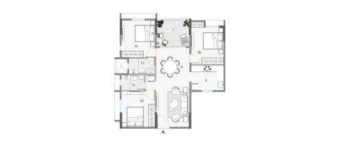 Purti Tatsam Rajarhat - Floor plan 3 BHK 1277 Sq.ft