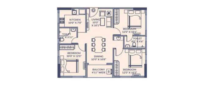 Orbit Dakshini Baranagar - Floor plan 3 BHK 1250 Sq.ft