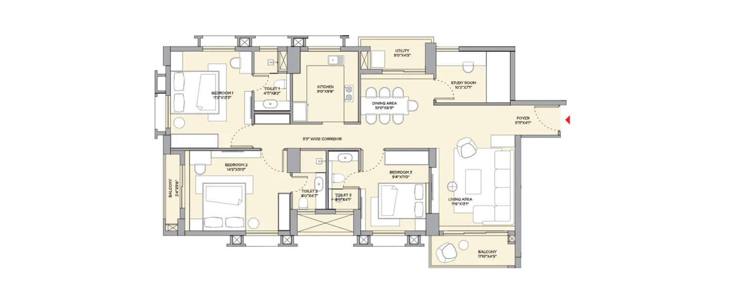 Floor plan for 3 BHK