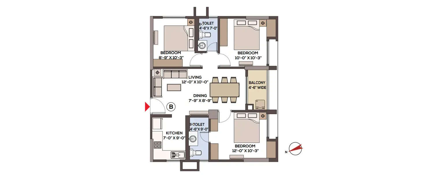 Floor plan for 3 BHK