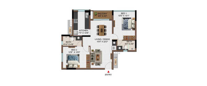 Casagrand Reva Pallavaram - Floor plan 2 BHK 1020 Sq.ft