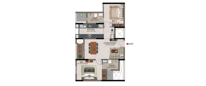 Casagrand Athens Mogappair - Floor plan 2 BHK 1119 Sq.ft