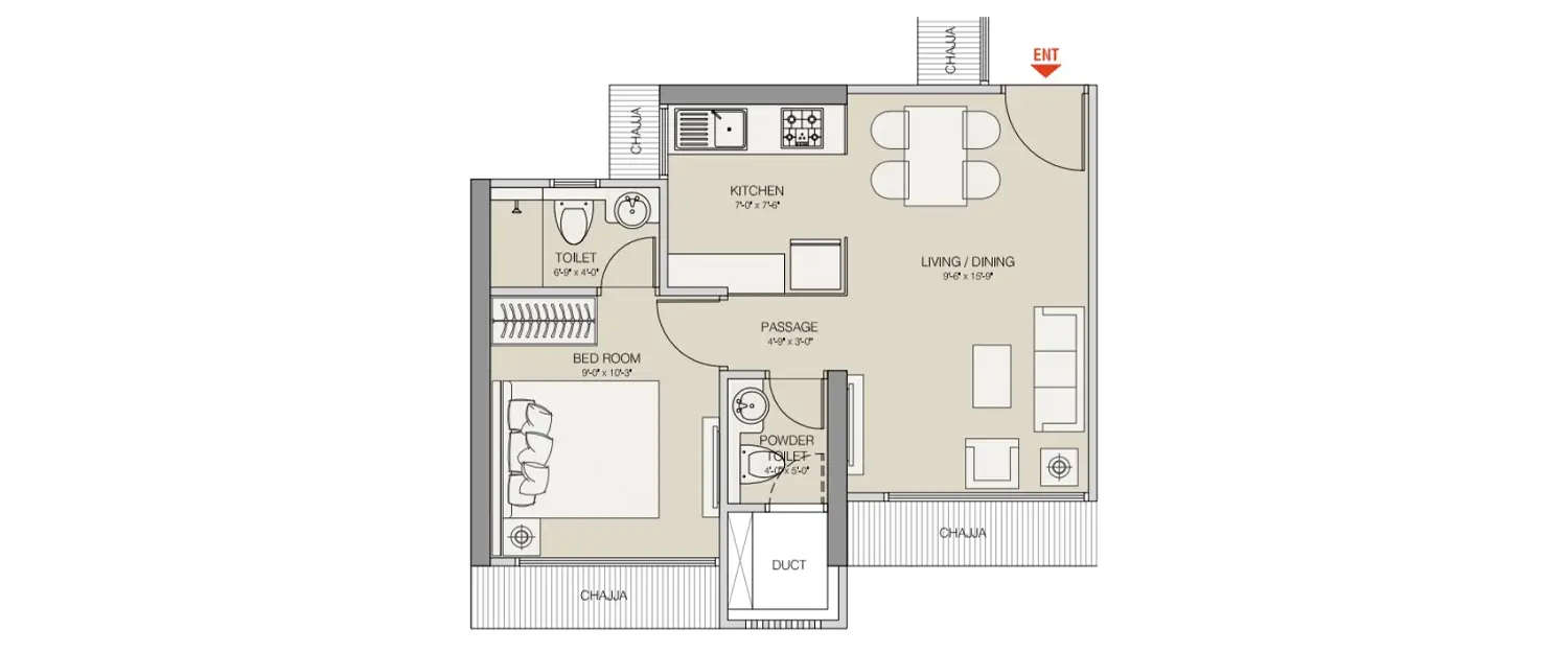 Floor plan for 1 BHK