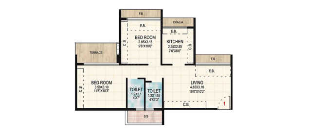Gami Asters Ghansoli - Floor plan 1.5 BHK 429 Sq.ft