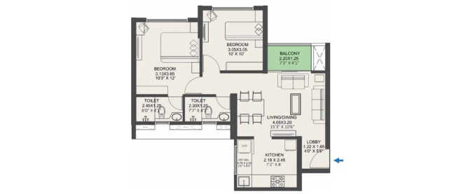 VTP Pegasus Kharadi - Floor plan 2 BHK 627 Sq.ft