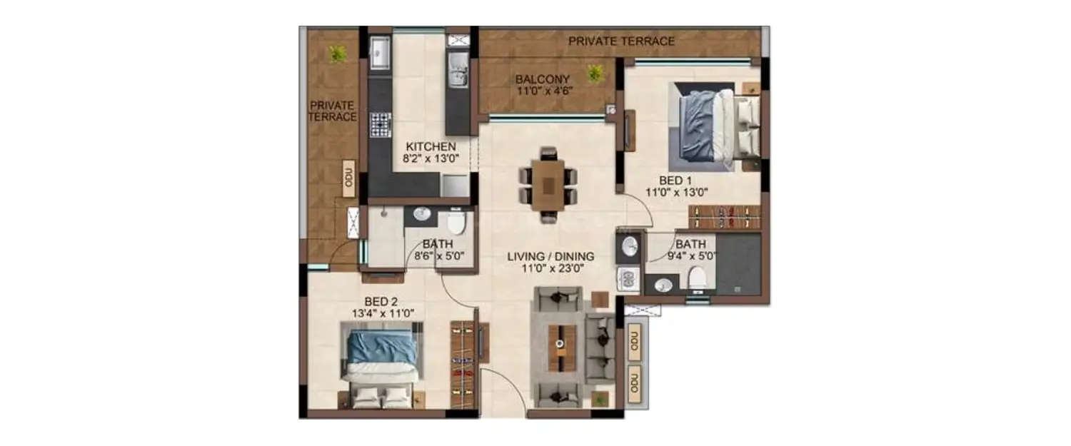Floor plan for 2 BHK