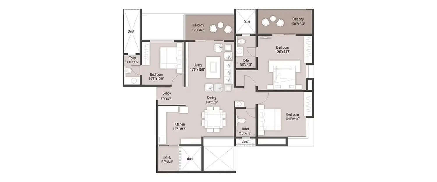 Floor plan for 3 BHK