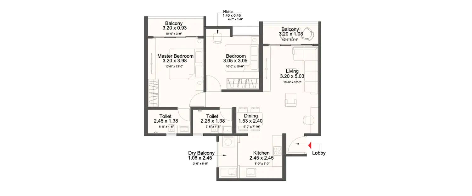 Floor plan for 2 BHK
