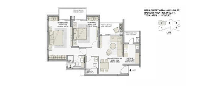 Eldeco Live By The Greens Sector 150 - Floor plan 2 BHK 1137 Sq.ft