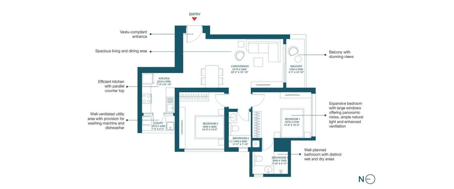 Floor plan for 2 BHK