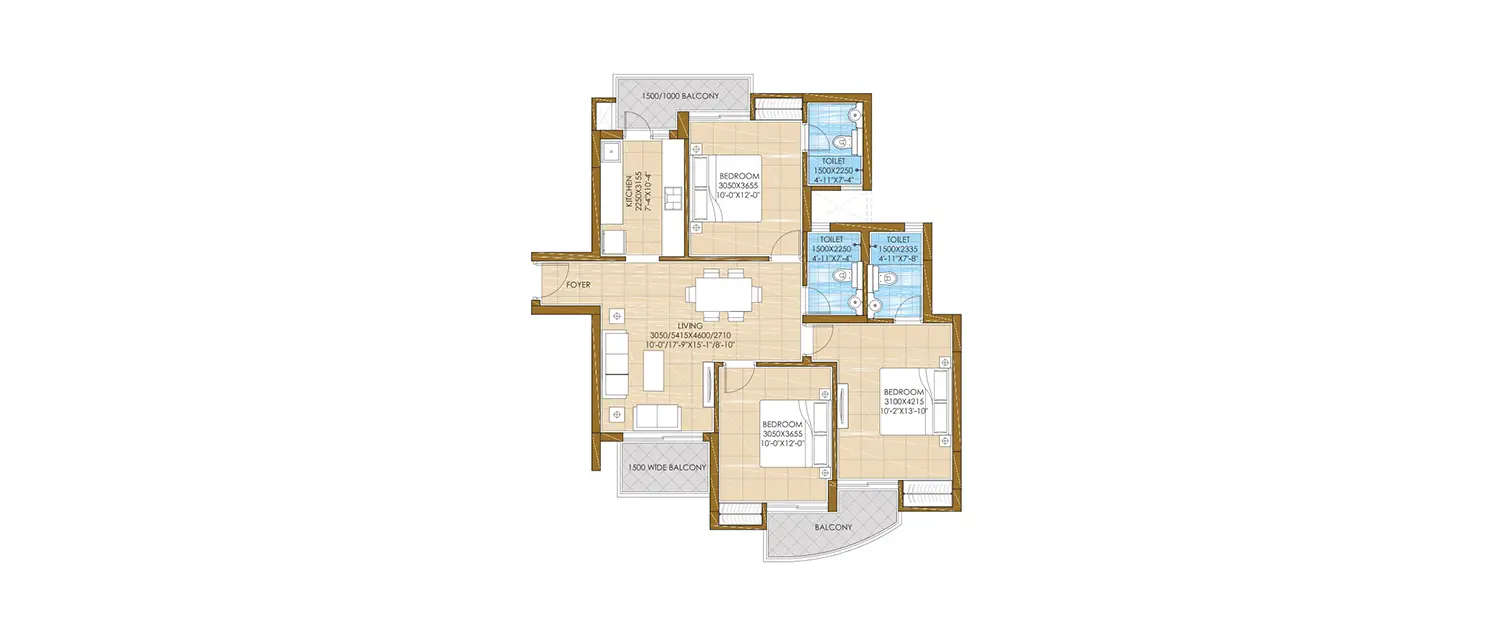 Floor plan for 3 BHK