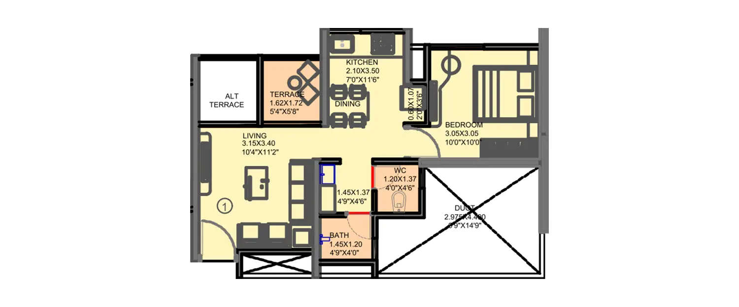 Floor plan for 1 BHK