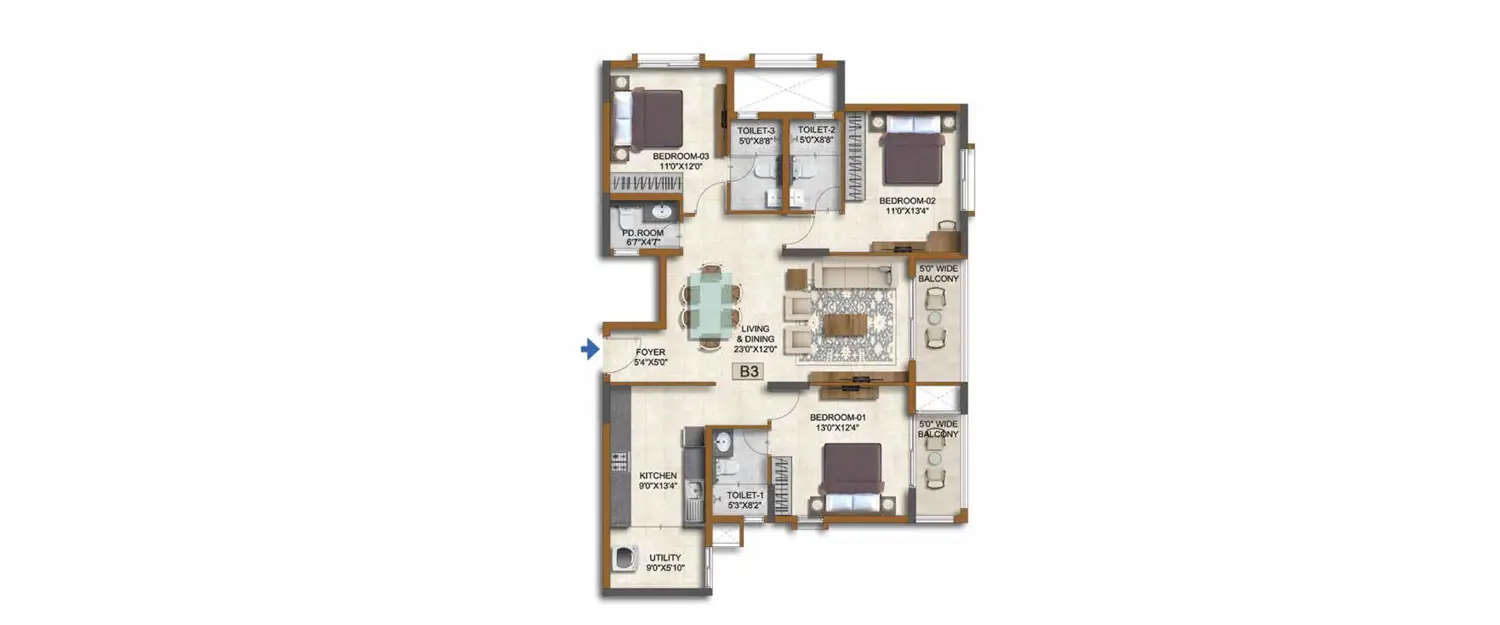 Floor plan for 3 BHK