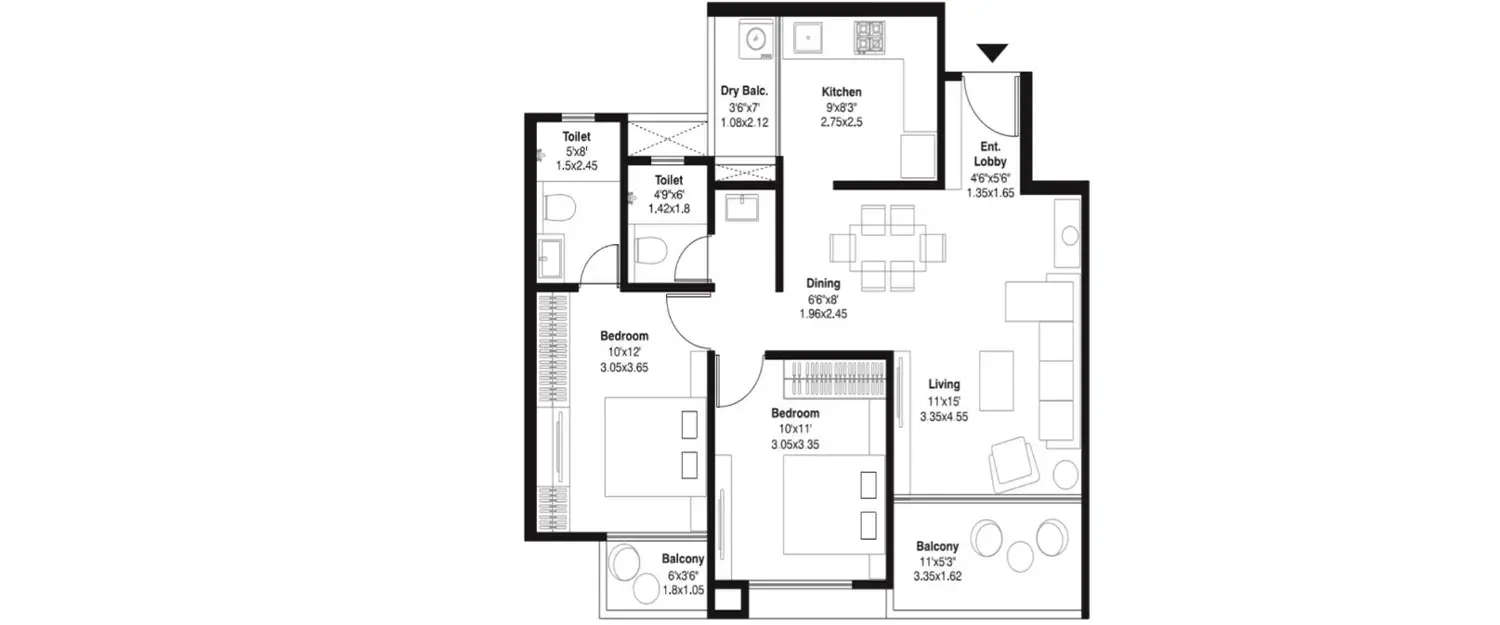 Floor plan for 2 BHK