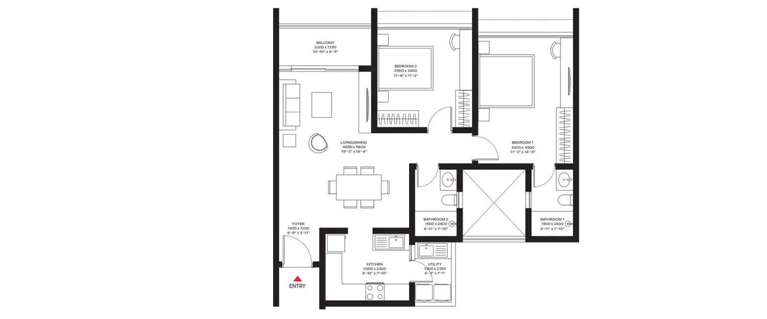 Floor plan for 2 BHK
