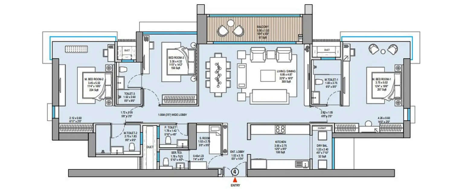 Floor plan for 3 BHK