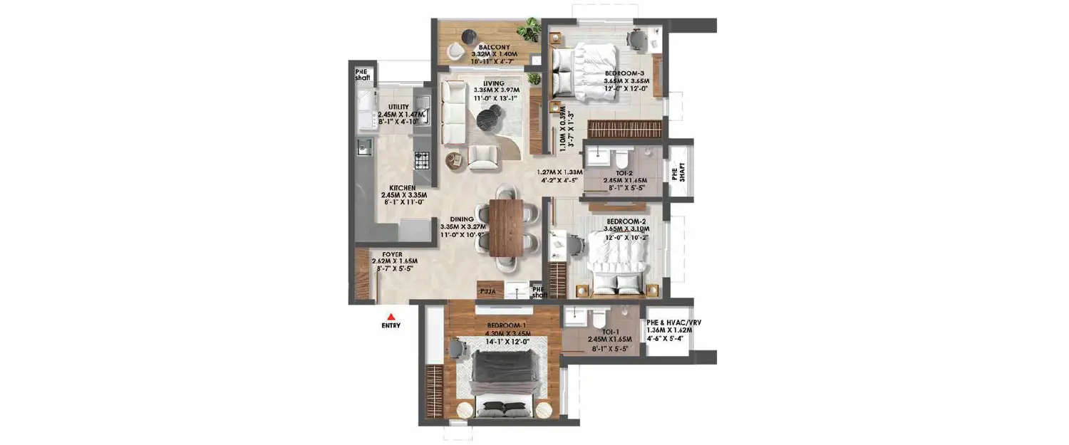 Floor plan for 3 BHK