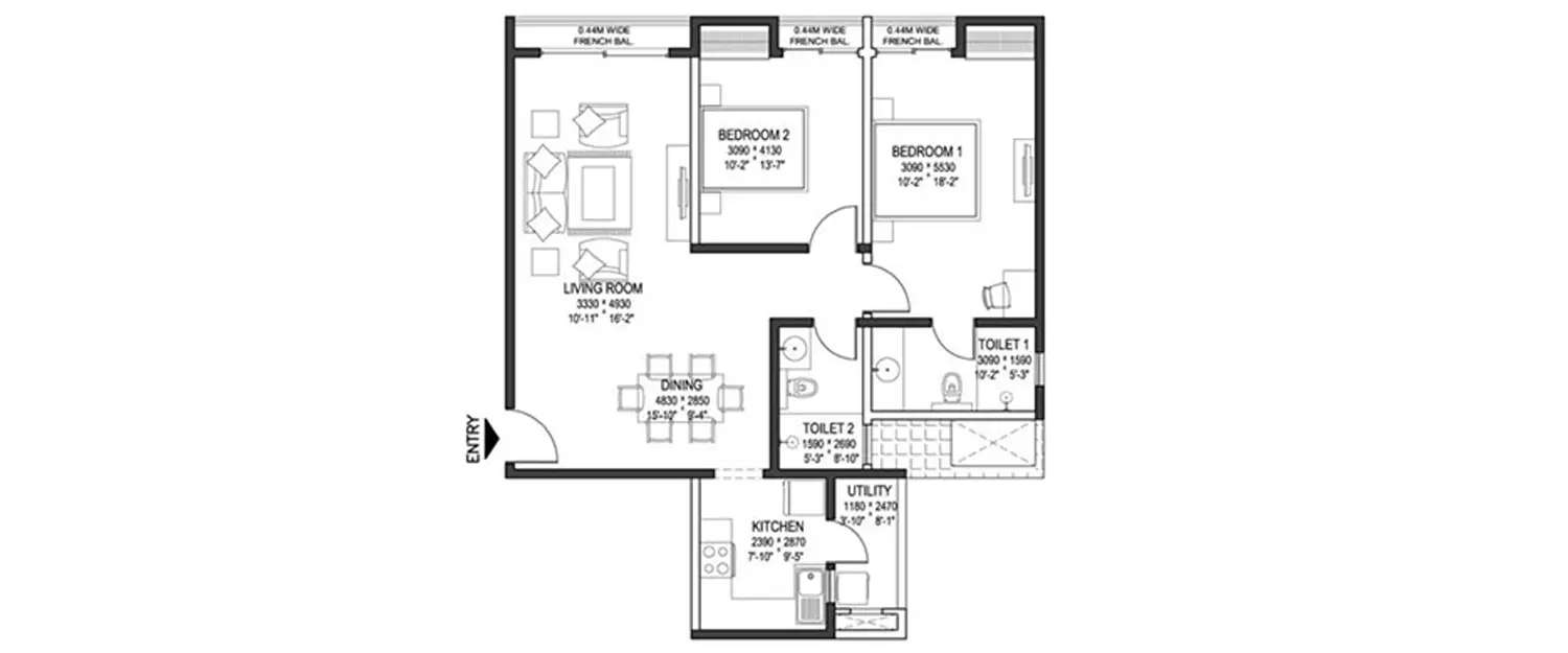 Floor plan for 2 BHK