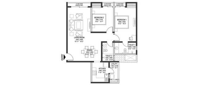 Sobha Arena Kanakapura - Floor plan 2 BHK 906 Sq.ft