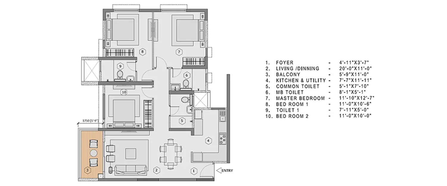 Floor plan for 3 BHK