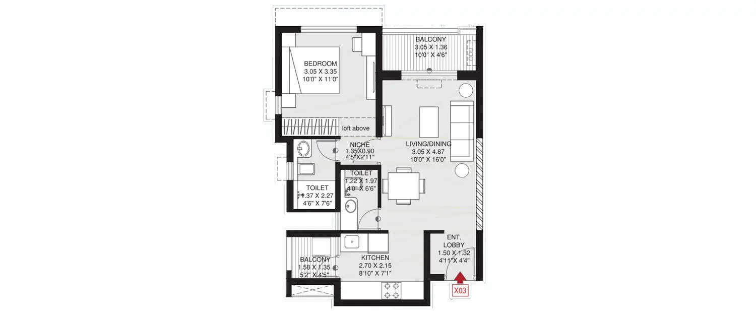 Floor plan for 1 BHK