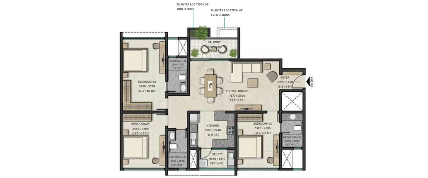 Floor plan for 3 BHK