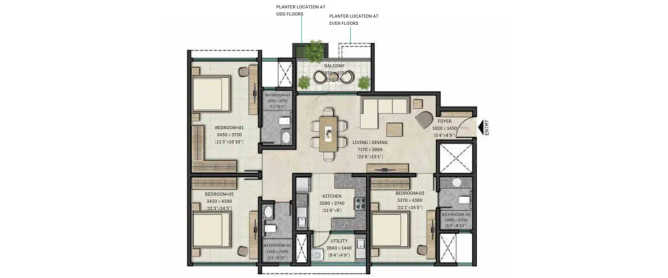 Sobha Forest Edge Kanakapura - Floor plan 3 BHK 1296 Sq.ft