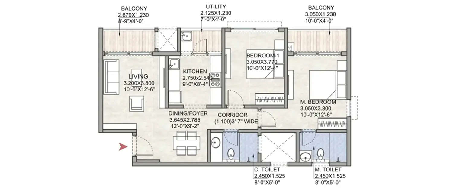 Floor plan for 2 BHK
