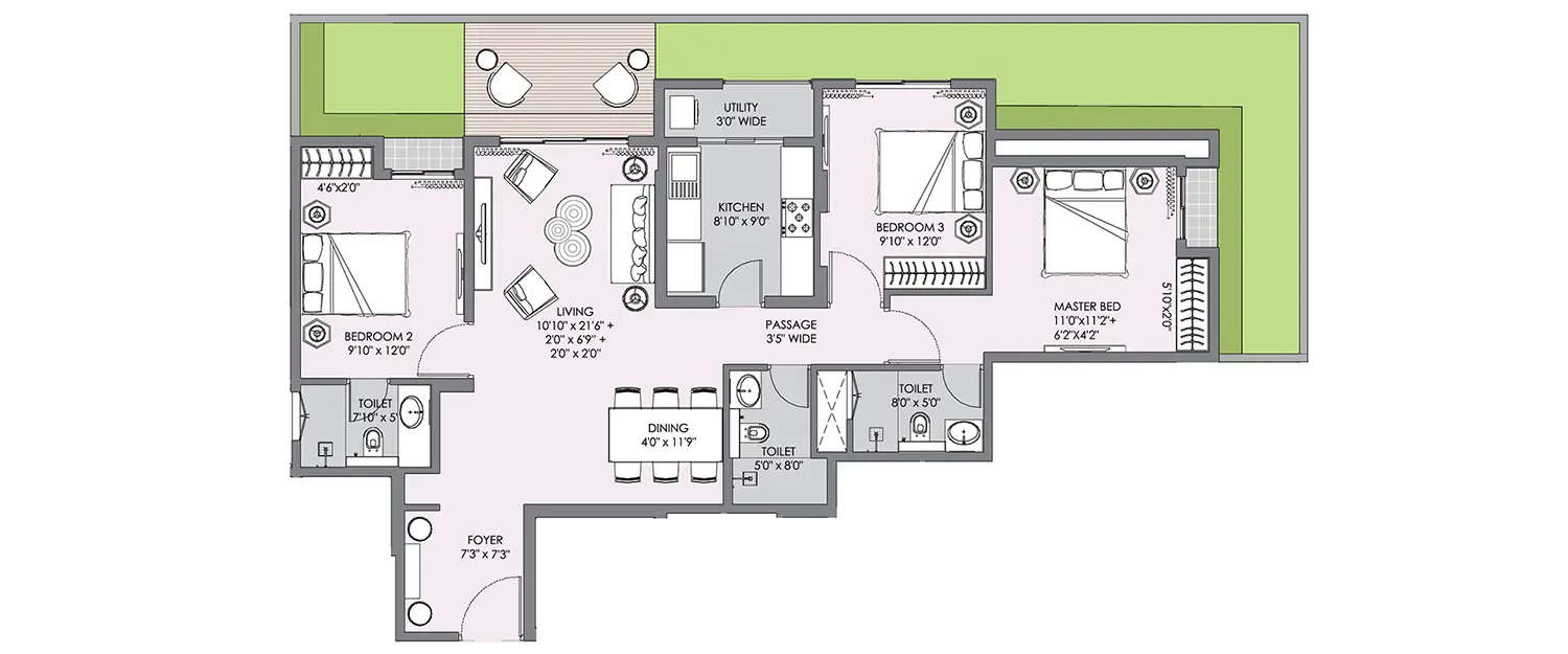 Floor plan for 3 BHK
