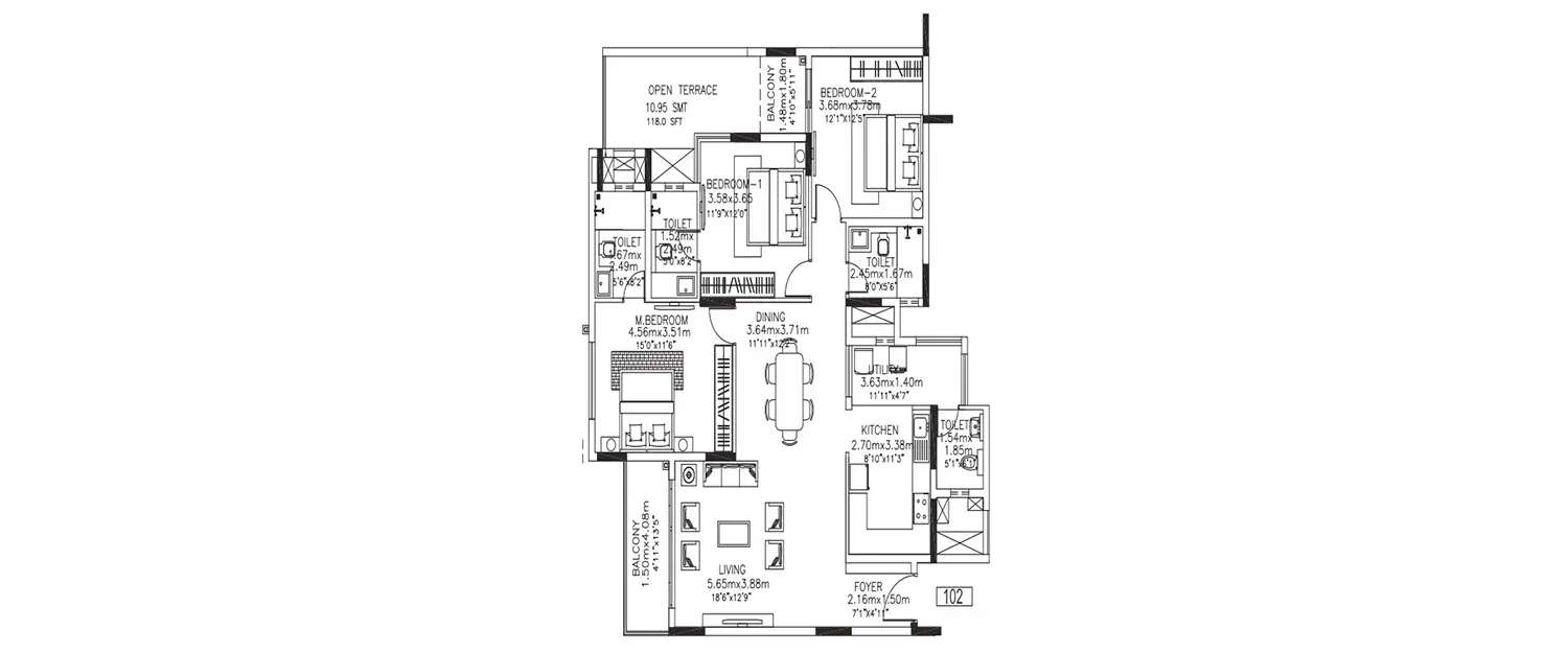 Floor plan for 3 BHK