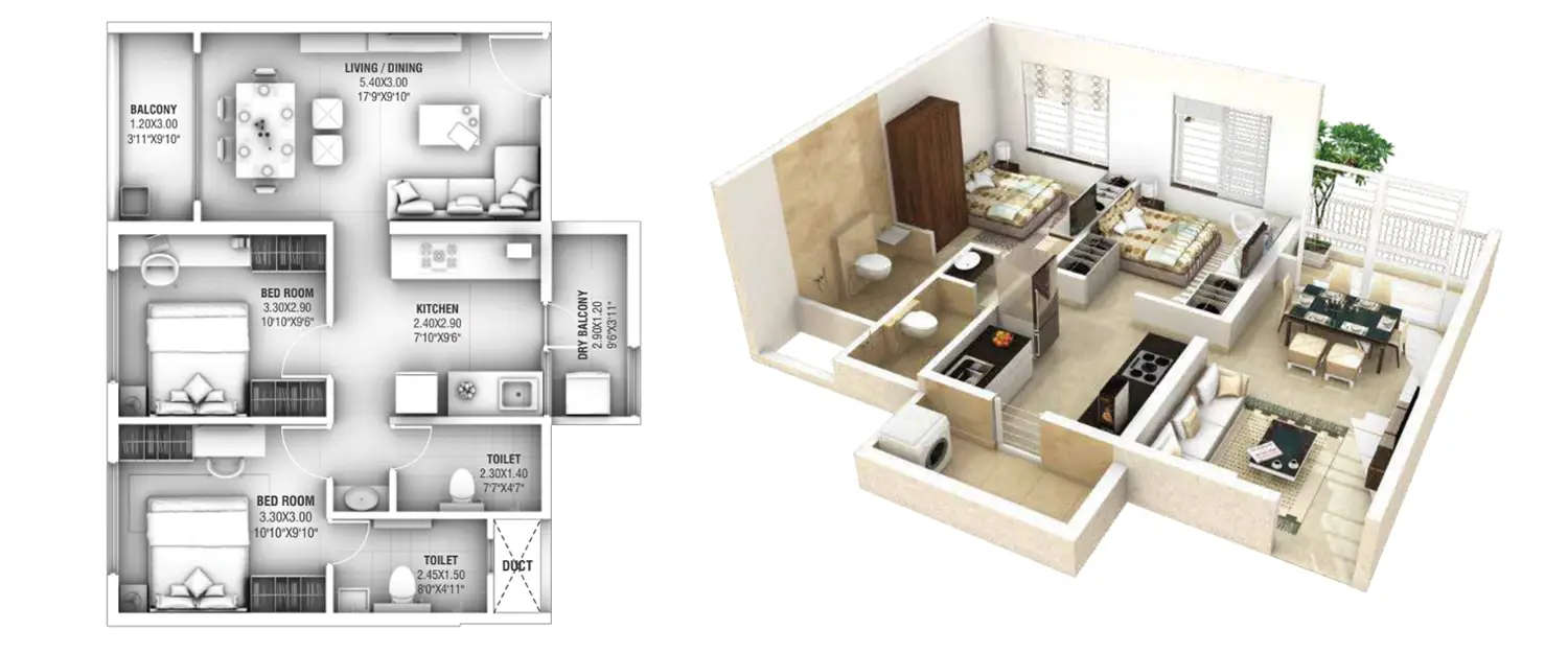 Floor plan for 2 BHK