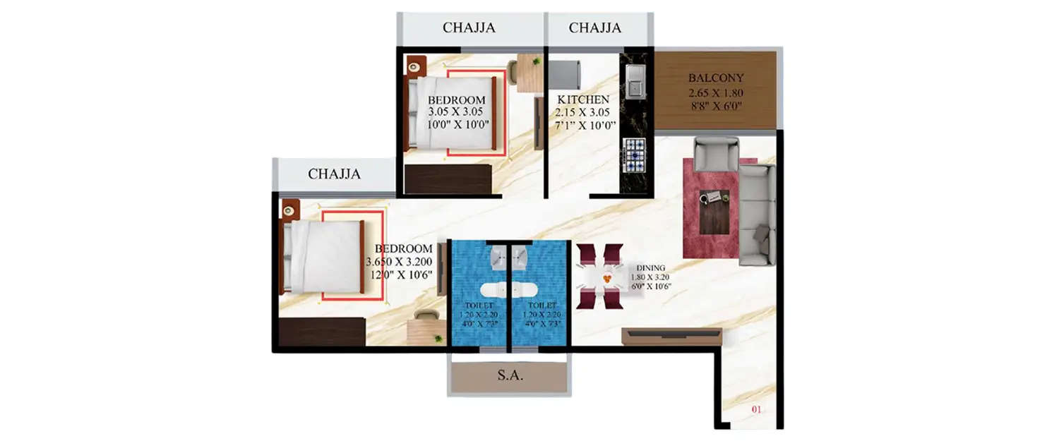 Floor plan for 2 BHK