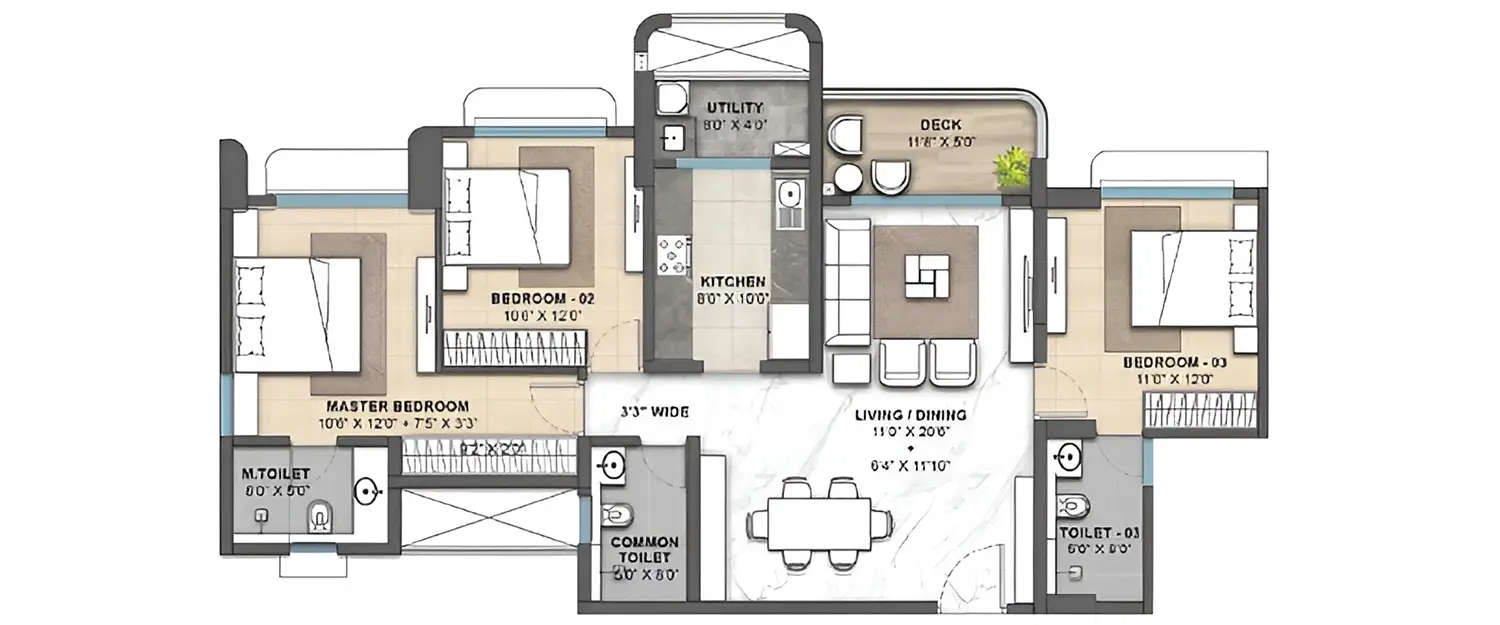 Floor plan for 3 BHK