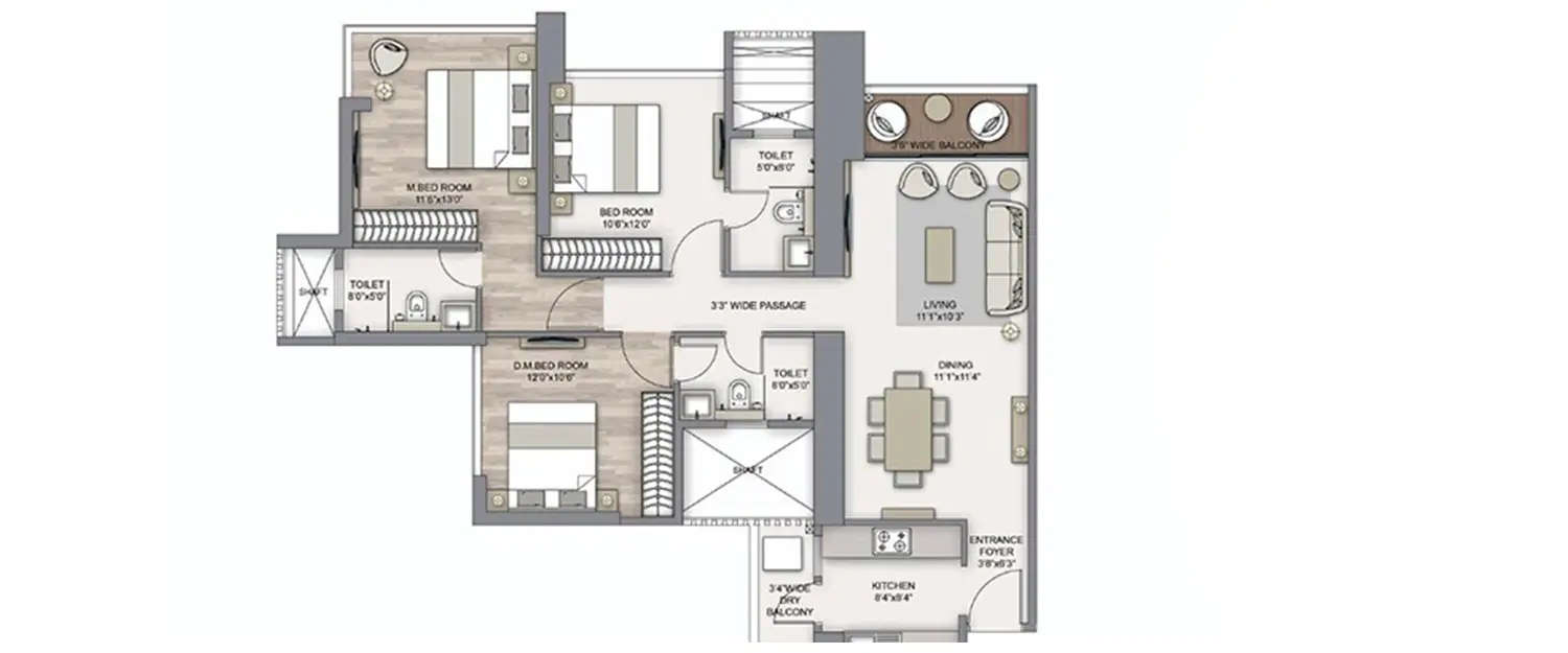 Floor plan for 3 BHK