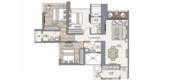 Piramal Aranya Byculla - Floor plan 3 BHK 873 Sq.ft