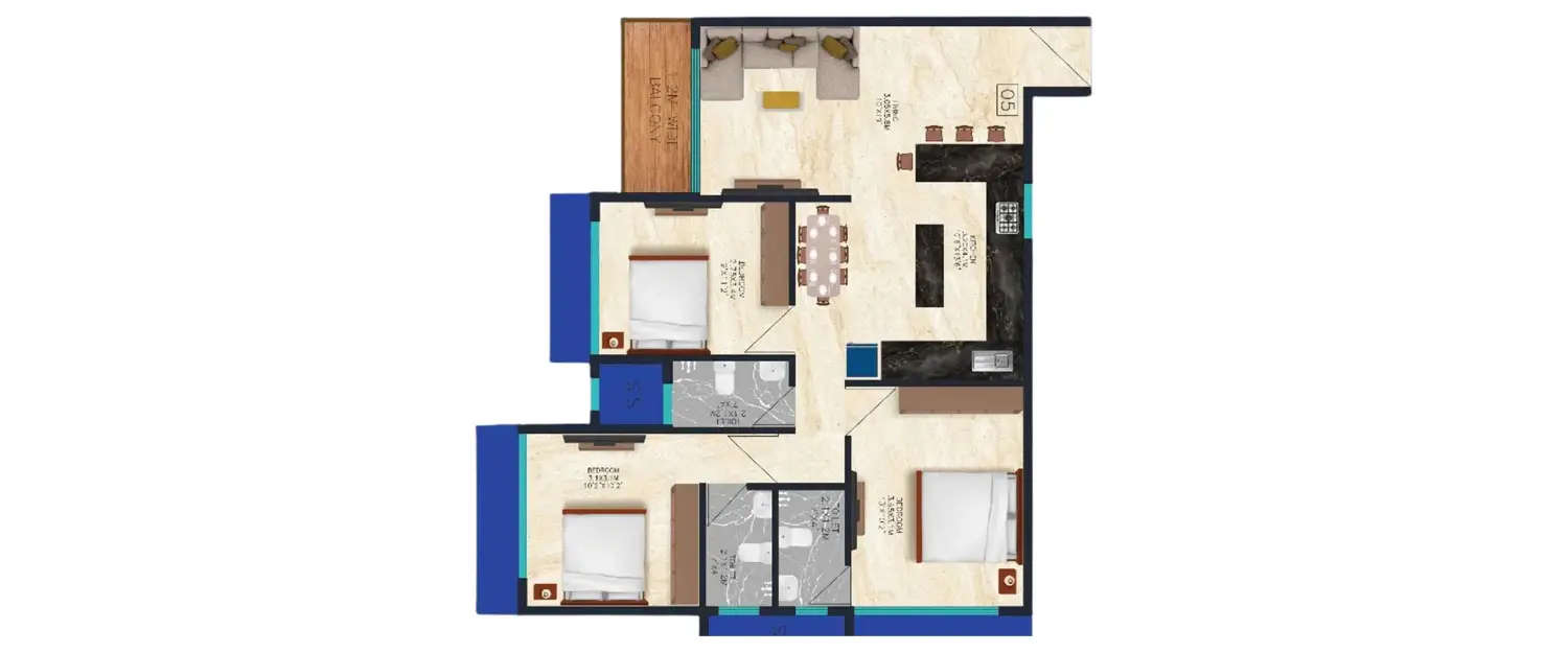 Floor plan for 3 BHK
