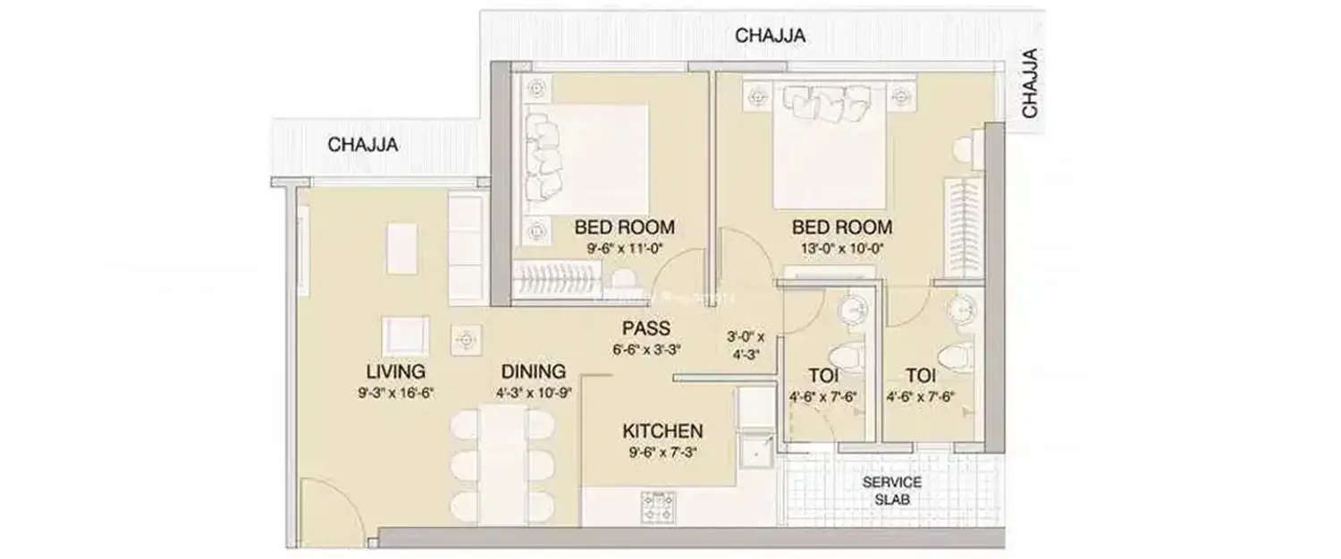 Floor plan for 2 BHK