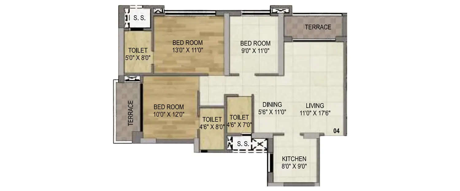 Floor plan for 3 BHK