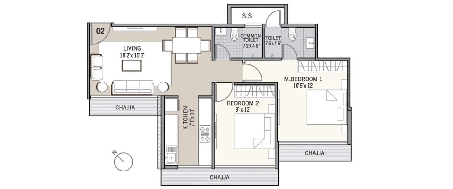 Floor plan for 2 BHK