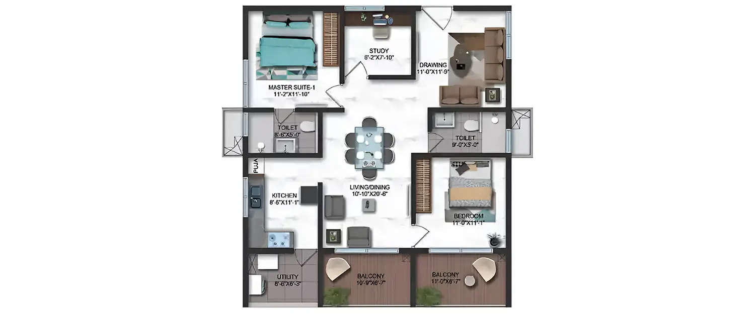 Floor plan for 3 BHK