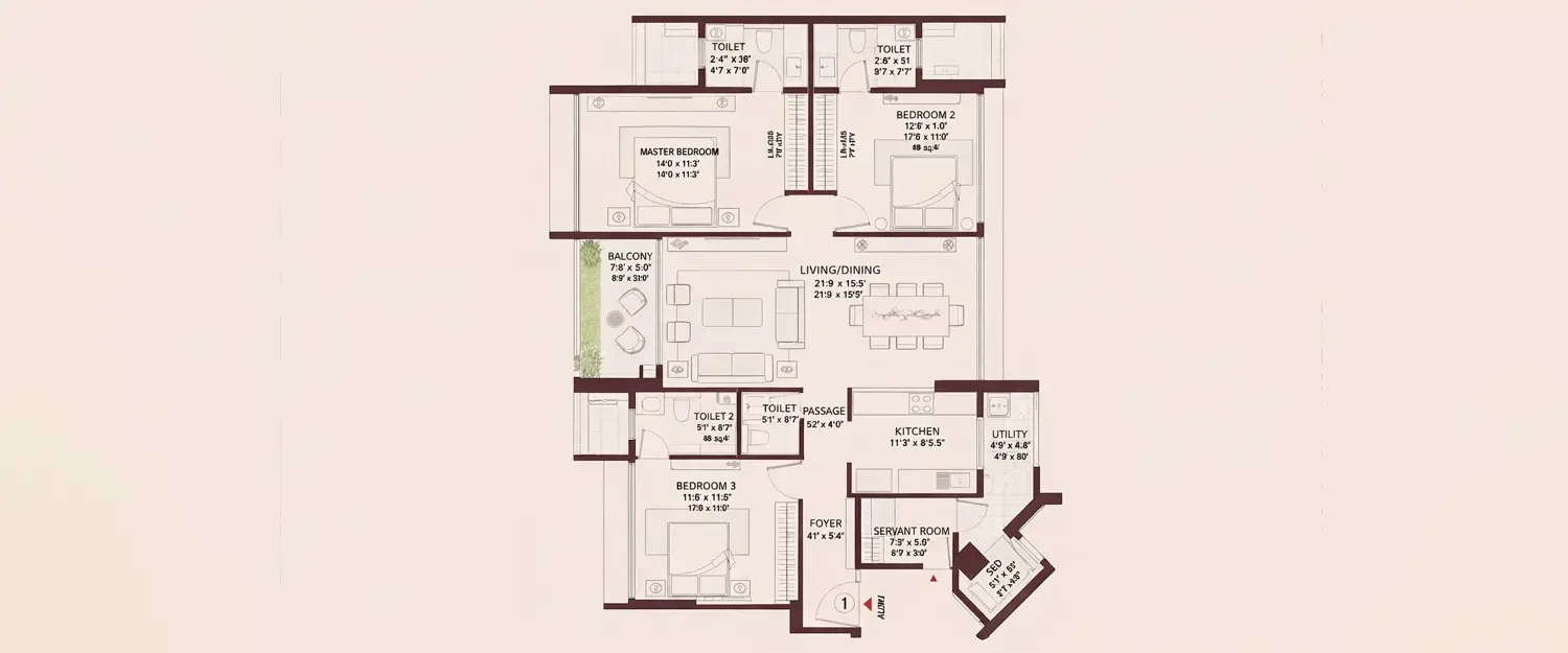 Floor plan for 3 BHK