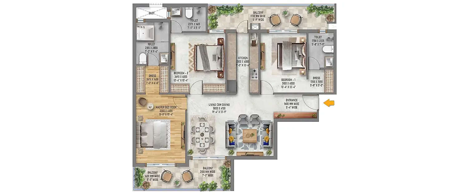 Floor plan for 3 BHK