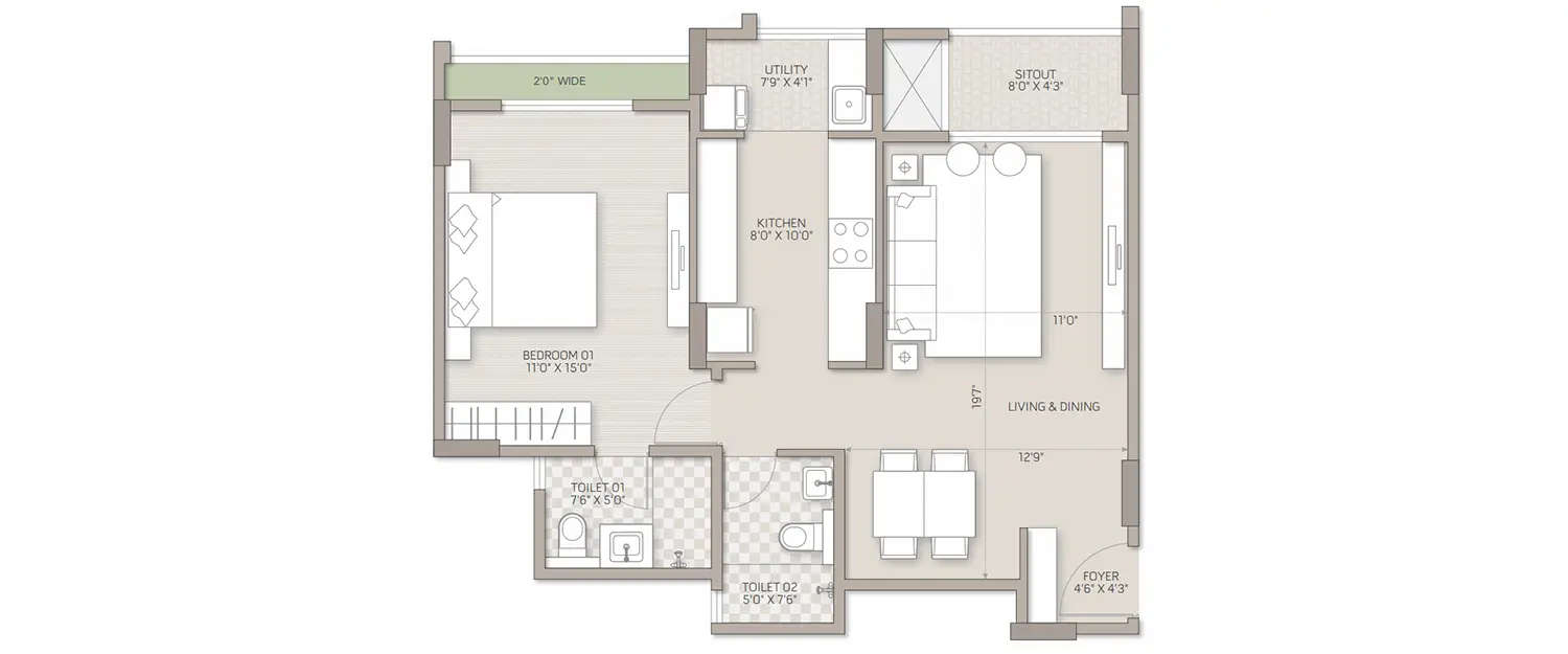 Floor plan for 1 BHK