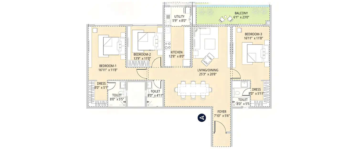 Floor plan for 3 BHK