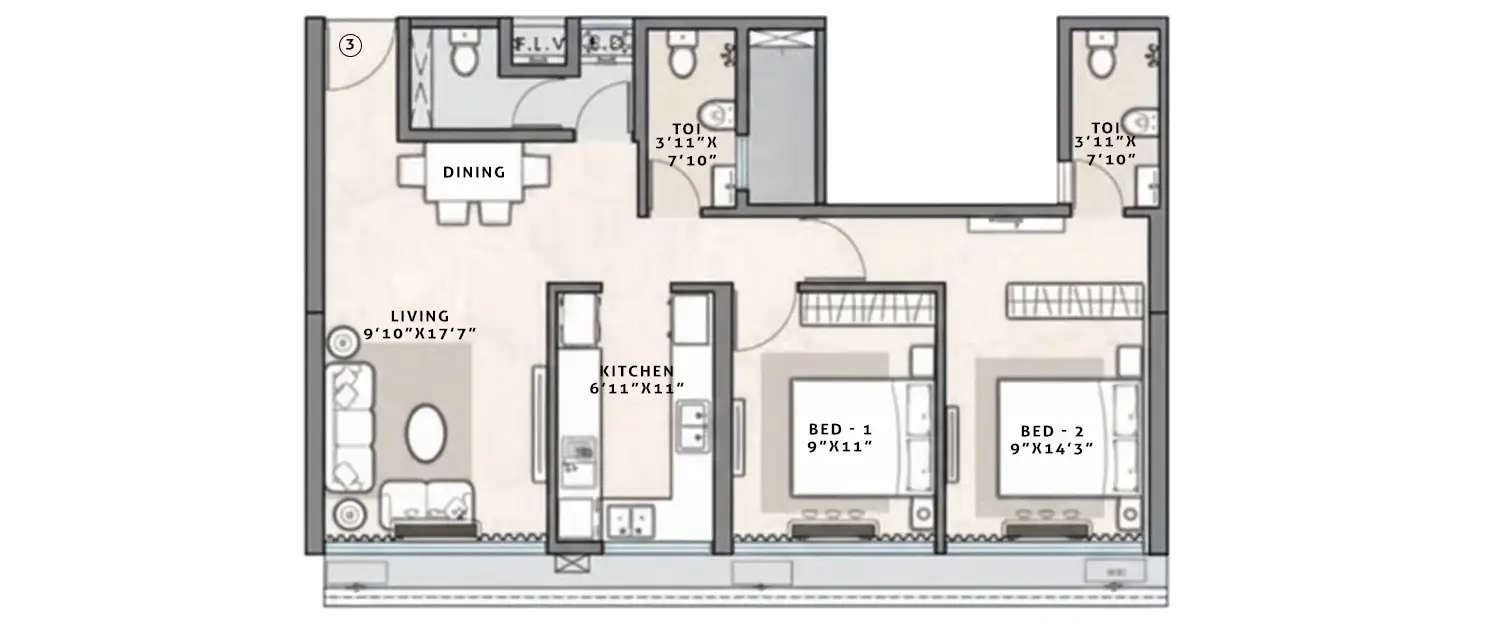 Floor plan for 2 BHK