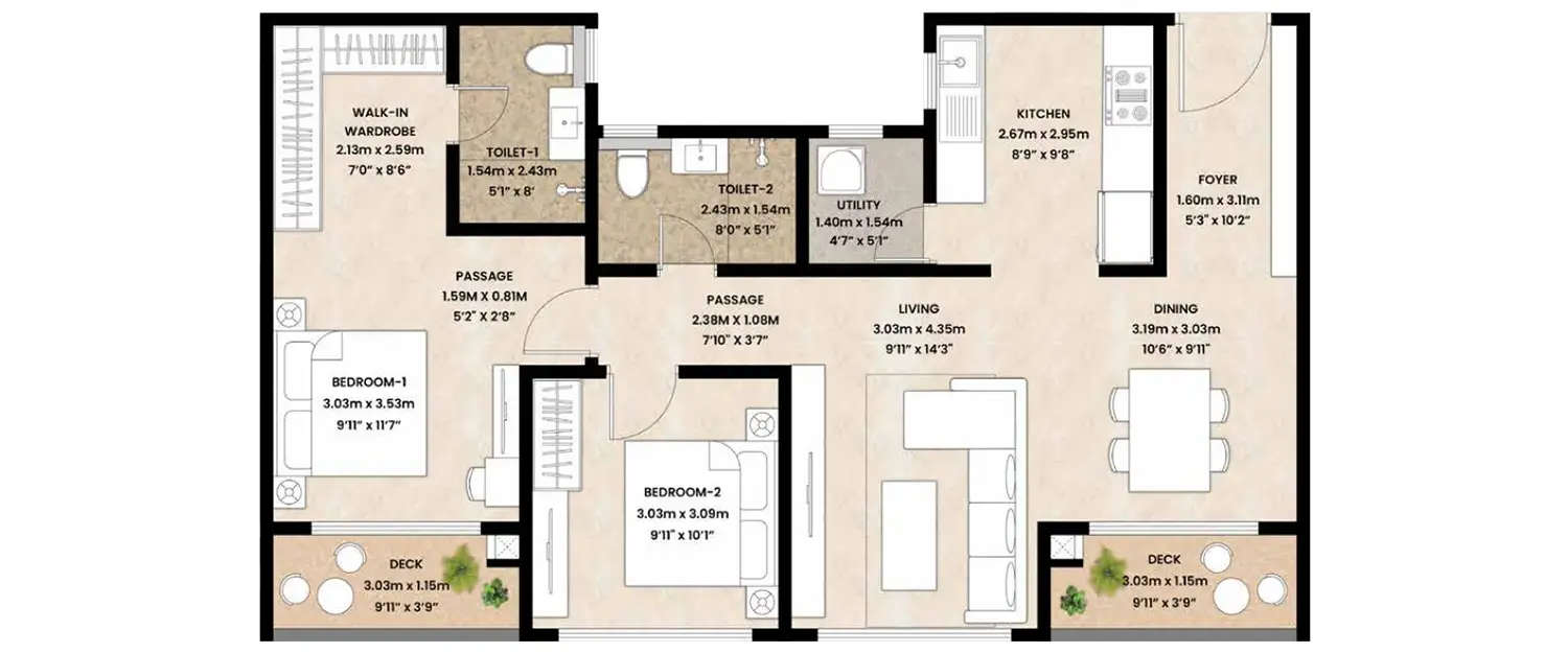 Floor plan for 2 BHK