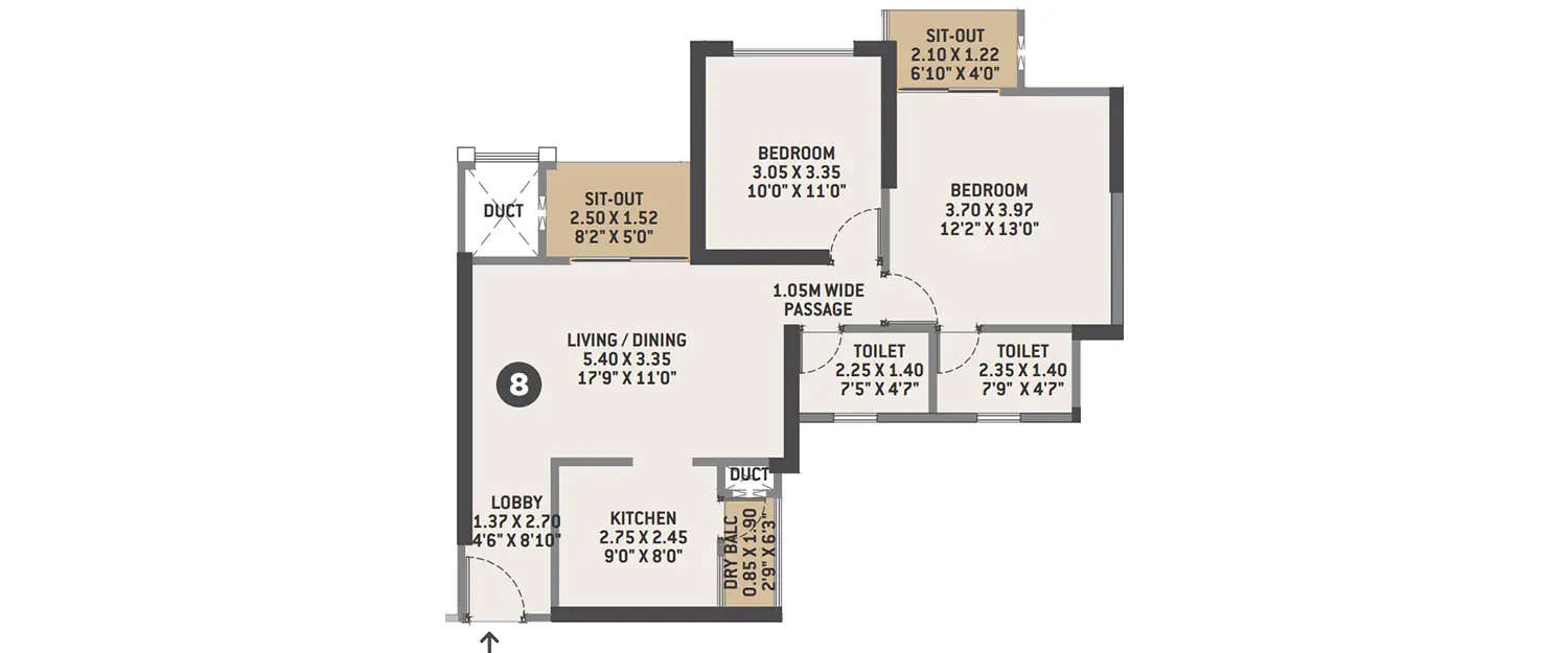 Floor plan for 2 BHK