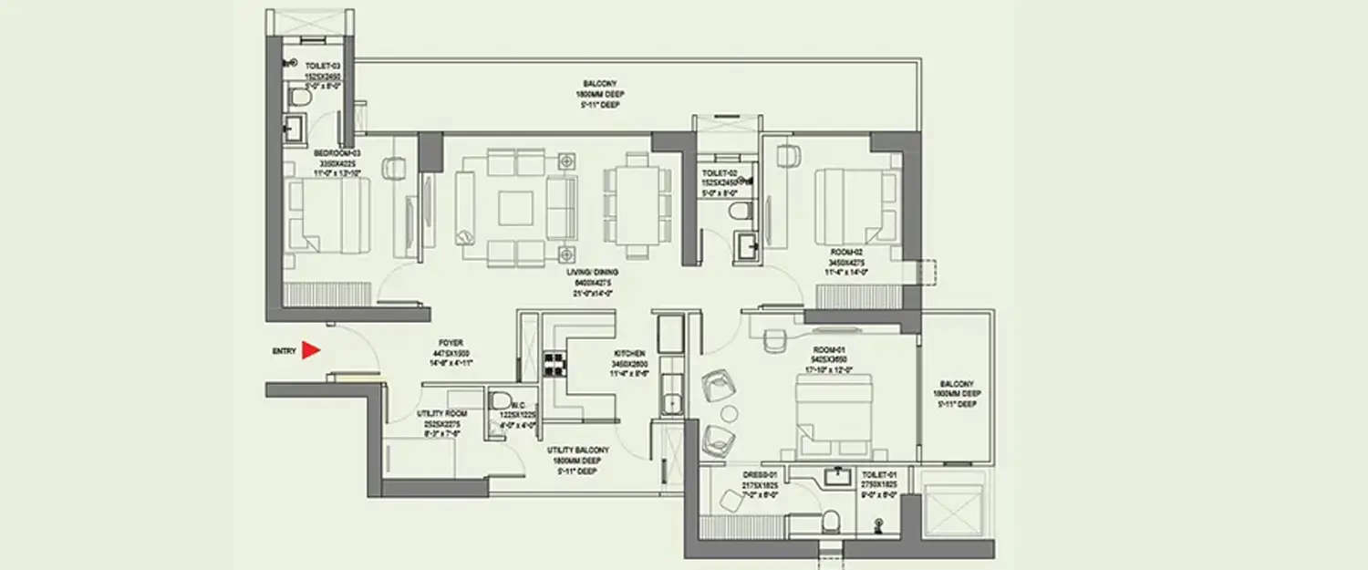 Floor plan for 3 BHK