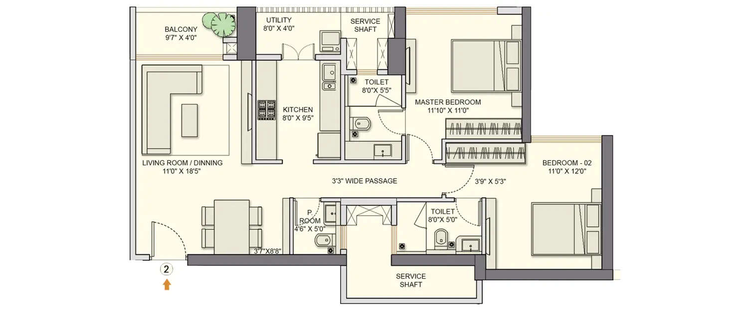 Floor plan for 2 BHK