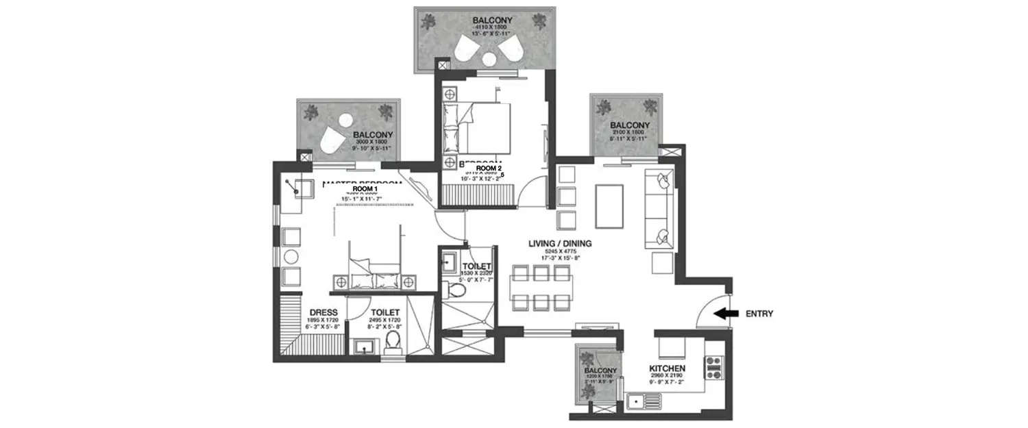 Floor plan for 2 BHK